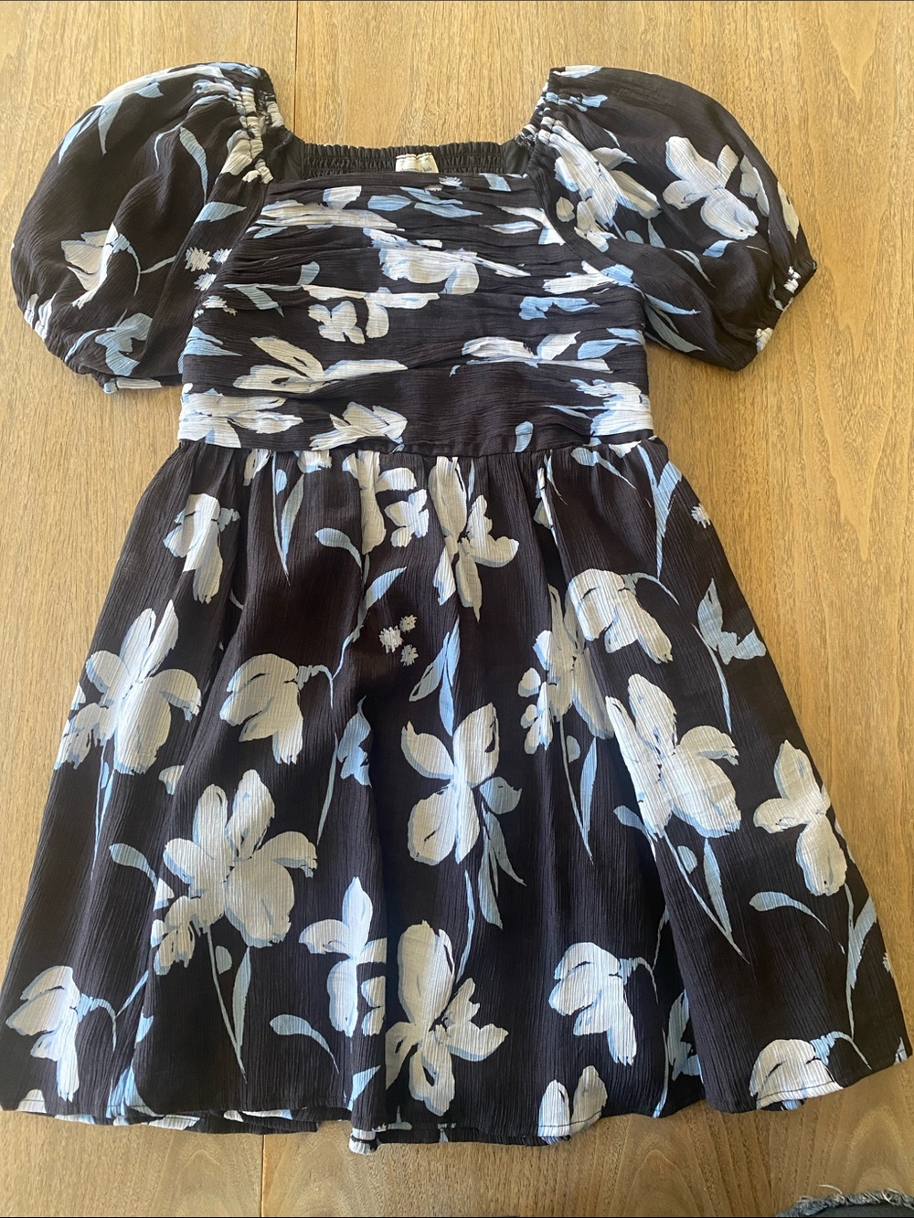Abercrombie Girls Puff Sleeve Mini Dress with Navy and Light Blue Floral Design